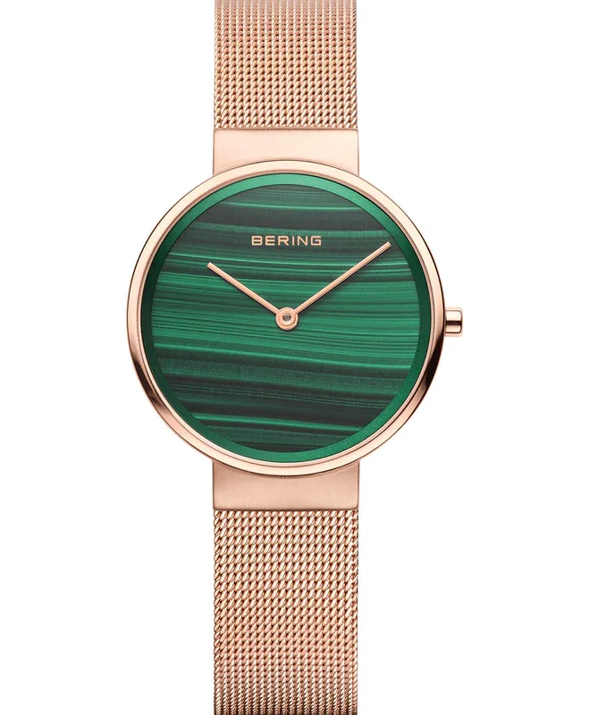 Reloj de mujer con esfera verde efecto malaquita y brazalete oro rosa BERING