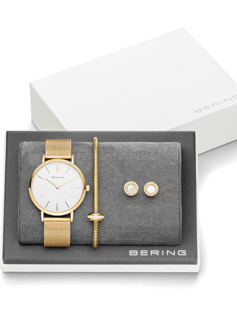 XMAS Set: Reloj de mujer con esfera blanca y brazalete dorado + pulsera dorada con charm + pendientes dorados BERING