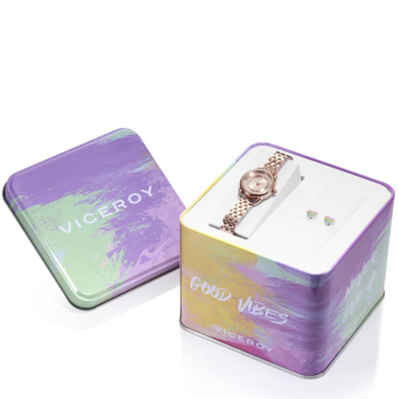 Reloj Viceroy niña acero rosado, esfera circonitas  + pendientes corazones multicolor