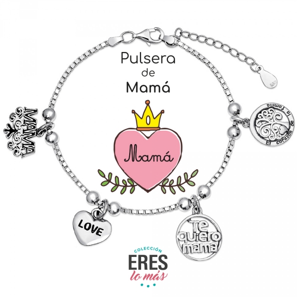 Pulsera Eres Lo Mas Mamá Cadena Veneciana Rodiada plata 1º ley Con Colgantes